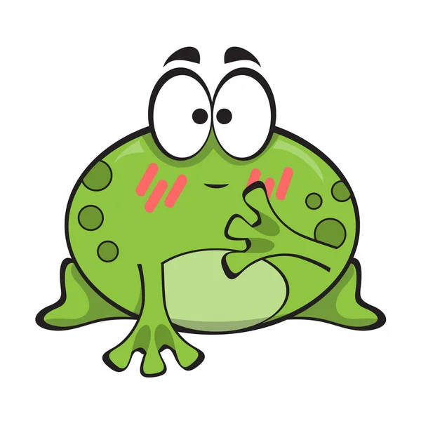 かわいい恥ずかしい緑のカエル、白い背景に隔離された漫画のキャラクター — ストックベクタ