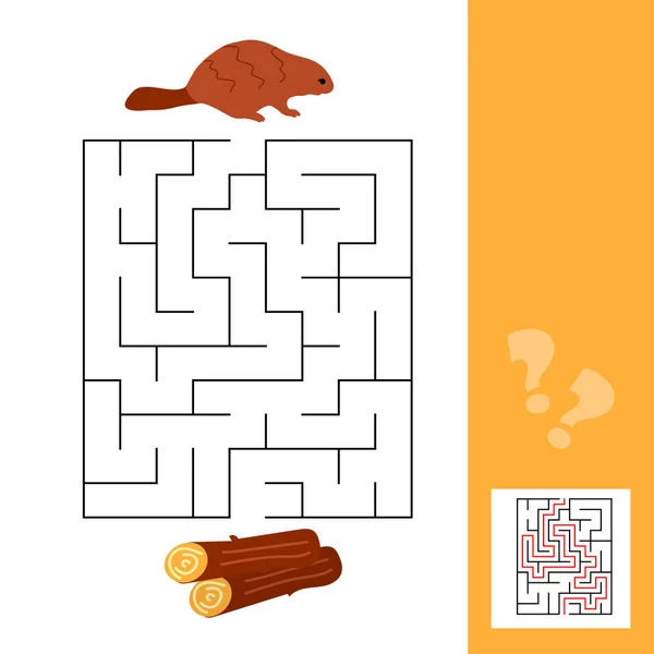 Jogo de quebra-cabeça de labirinto educacional para crianças com castor e toras de madeira — Vetor de Stock