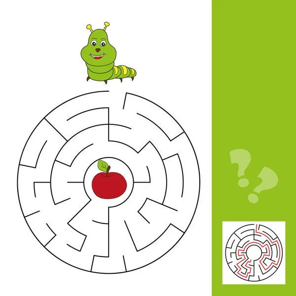 Maze puzzle for kids with caterpillar and apple. Labyrinth, solution included — Stock Vector