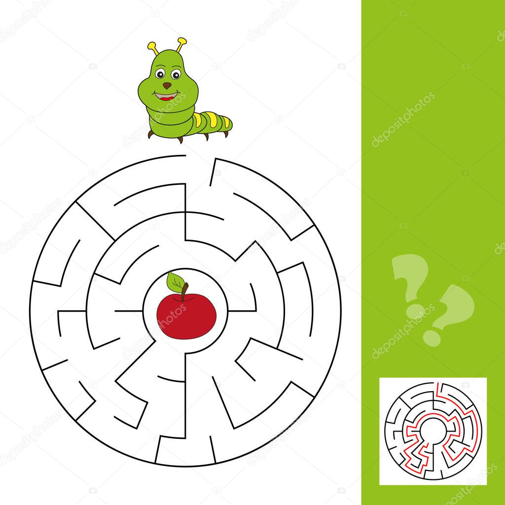 Maze puzzle for kids with caterpillar and apple. Labyrinth, solution included