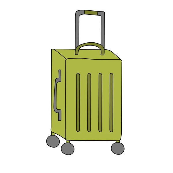 Green suitcase for traveling on wheels. In a cartoon style. On white background — Stock Vector