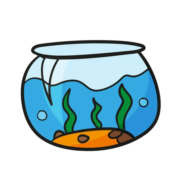 Aquarium glazen schaal met water in cartoon stijl. Vector hand getekend illustratie — Stockvector