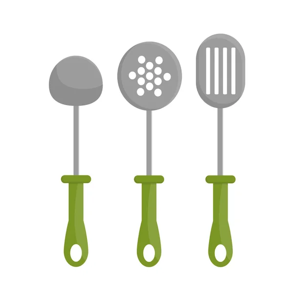 Drei Vektordarstellungen mit Suppenkelle, Küchenspachtel, Löffel mit Löchern — Stockvektor