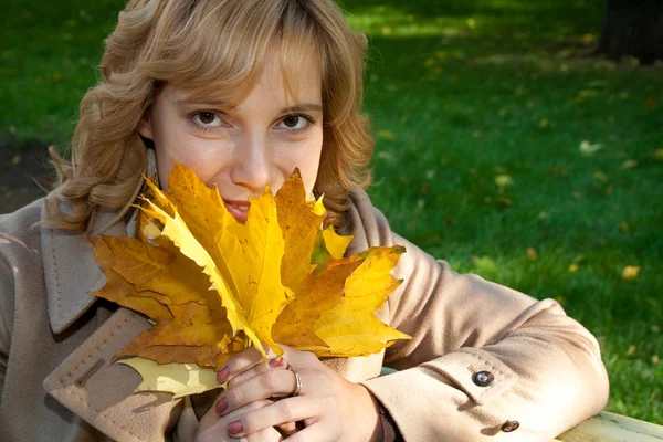 Een vrouw met herfstbladeren in haar handen Stockfoto