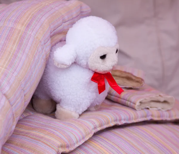 Toy in the lilac blanket — Stok fotoğraf