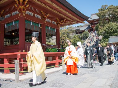 Kamakura, Japonya - 22 Mart 2014: geleneksel düğün tsurugaoka hachimangu tapınak. bir kamakura ve önemli bir kültür varlığı Japonya'nın en önemli Şinto Tapınağı.