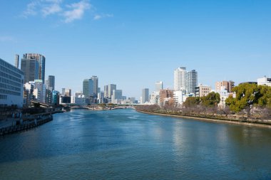 Osaka, Japonya - Jan 03 2022 - Okawa Nehri (Kyu-Yodo Nehri) Chuo-ku, Osaka, Japonya 'daki Tenma Köprüsü manzarası.
