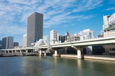 Osaka, Japonya - Ocak 03 2022 - Japonya 'nın Osaka kentindeki Suisho Köprüsü' nden (Suishobashi) Dojima Nehri (Kyu-Yodo Nehri) manzara.