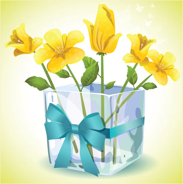 Yellow flowers in a square glass vase — Stock Vector