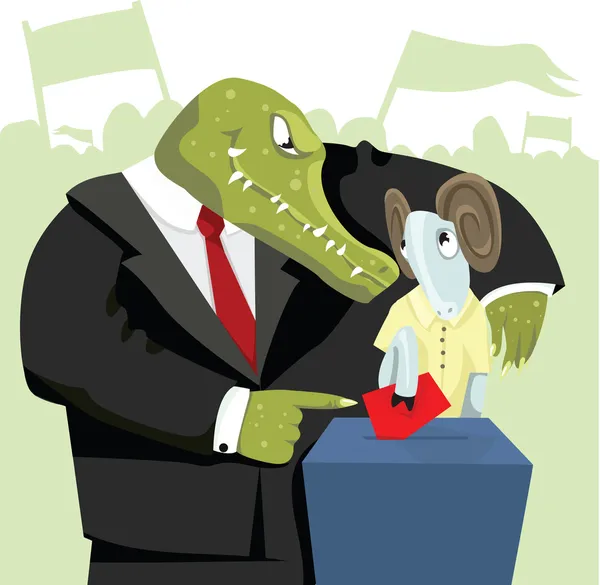 Cocodrilo agitando a las ovejas para votar . — Vector de stock