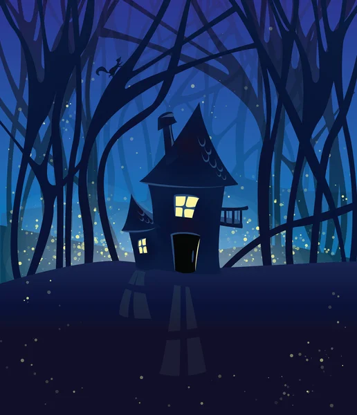 Escena mágica nocturna con una casa en el bosque . — Vector de stock