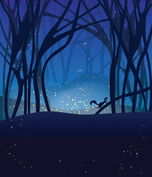 Escena mágica nocturna con luciérnagas y ardilla corriendo . — Vector de stock