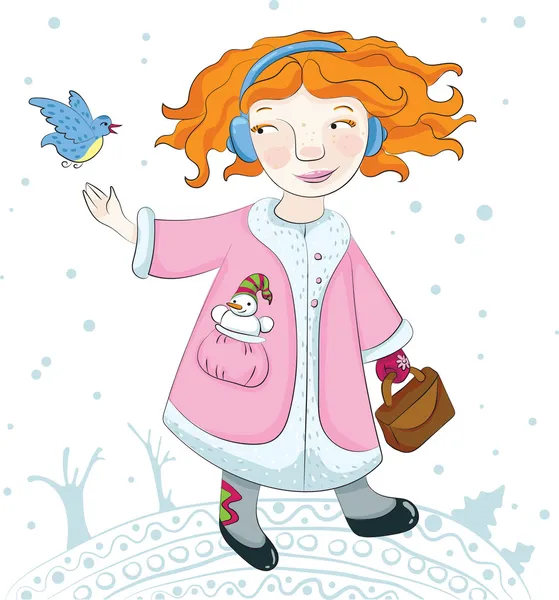 Κορίτσι χειμώνα και το φίλο πουλί. — Διανυσματικό Αρχείο