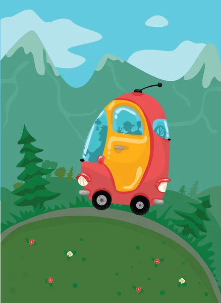 Autobús rojo en un paisaje verde — Vector de stock