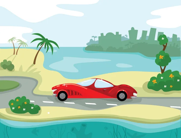 Coche rojo en el camino de la playa — Vector de stock