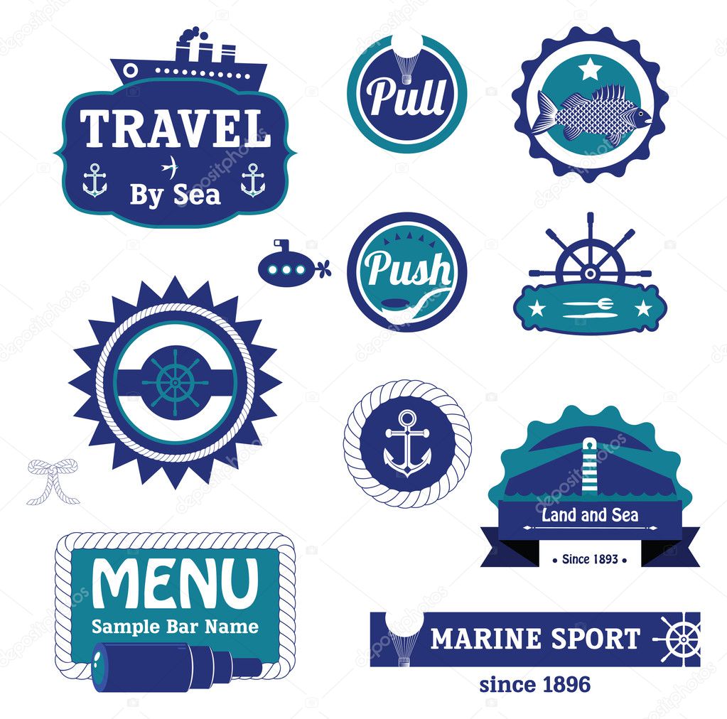 Navy blue and ocean tourquise labels with ocean thematics