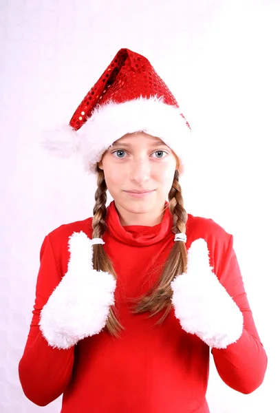Weiblicher Weihnachtsmann macht ein Okay — Stockfoto