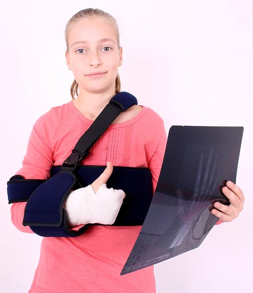 Contented girl with the X-ray photo and ok — Stock Photo, Image