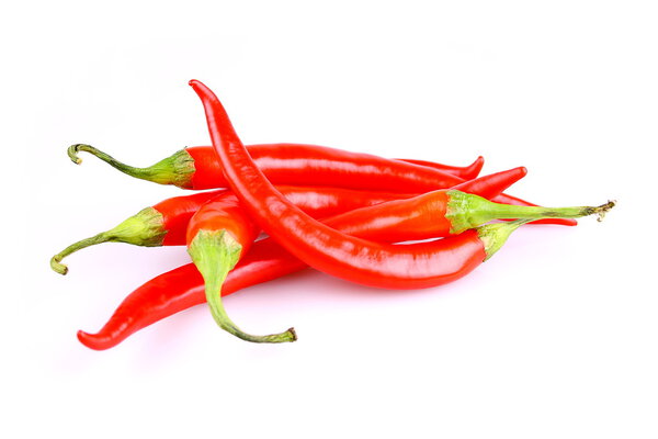 Five red hot chili pepper isolated