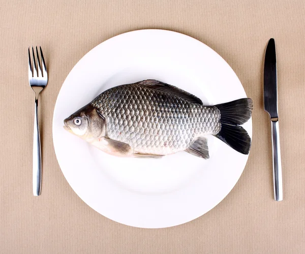 Carpa di pesce fresco su un piatto bianco e posate — Foto Stock