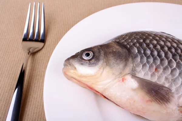 Carpa de peixe fresca em prato branco e garfo — Fotografia de Stock