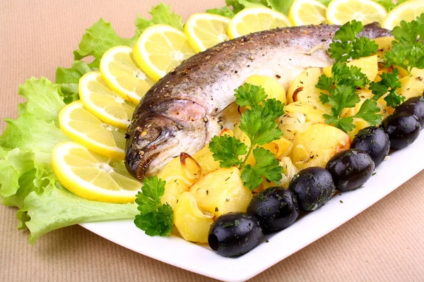 Baked trout and potatoes, olives, lemon with salad — Stock Photo, Image