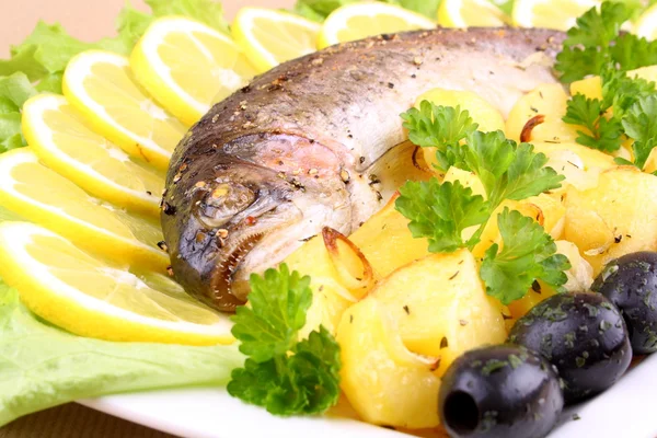 Baked trout with potatoes, olives, salad and lemon — Stock Photo, Image