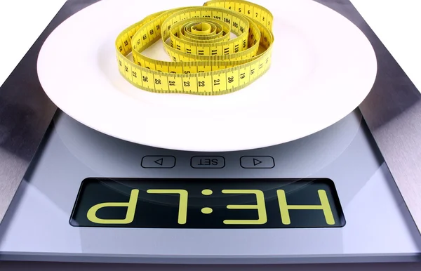 Il concetto di peso. Scala digitale con annuncio di aiuto . — Foto Stock