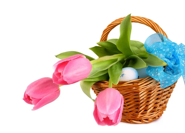 Paaseieren met tulpen in rieten mand en blauw lus — Stockfoto