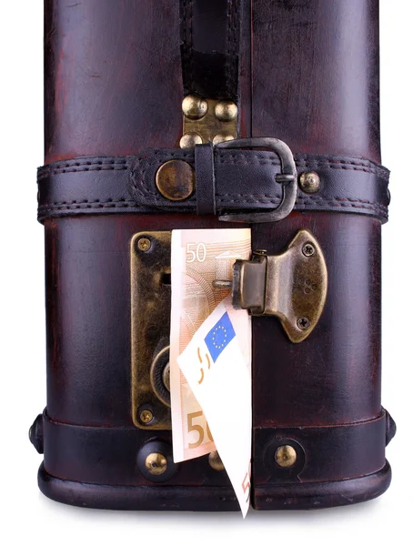 Old suitcase with fifty euro, close up — Stock Photo, Image