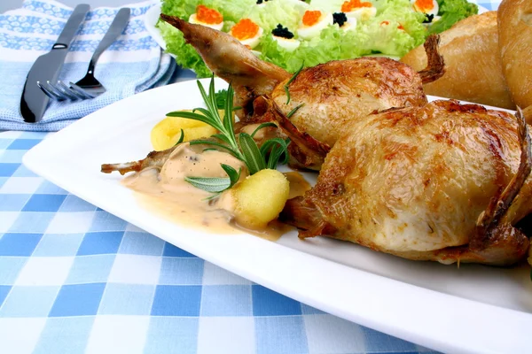 Zwei gebratene Wachteln und Soße, Gnocchi, Rosmarin, Kaviarsalat — Stockfoto