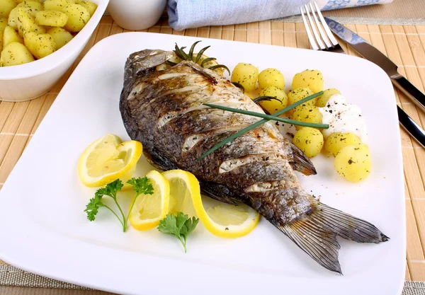 Grilled fish with potatoes, sauce and lemon — Stock Photo, Image