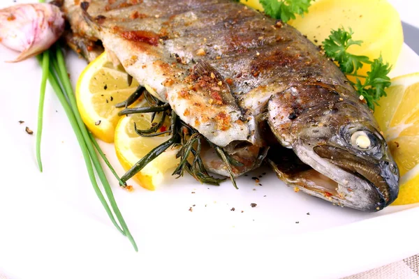 Grilled whole trout with potato, lemon and garlic — Stock Photo, Image