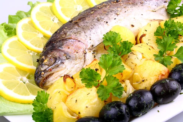 用土豆、 橄榄、 柠檬和沙拉烤的鳟鱼 — 图库照片