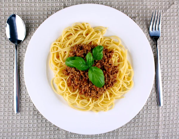 白い皿にバジルとおいしいスパゲッティ ボロネーゼ ロイヤリティフリーのストック写真