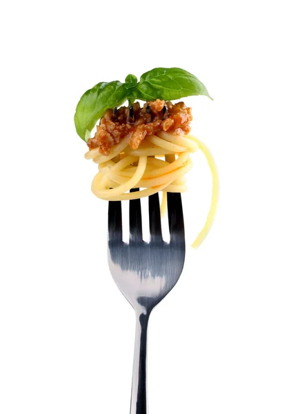 Spaghetti bolognese and basil on fork, close up — Stock Photo, Image