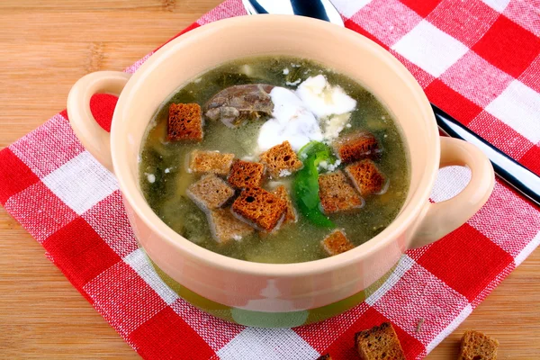 Grønn suppe med egg, kjøtt, fløte og krutonger – stockfoto