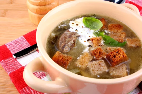 Green soup with meat, egg, croutons and cream — Stock Photo, Image