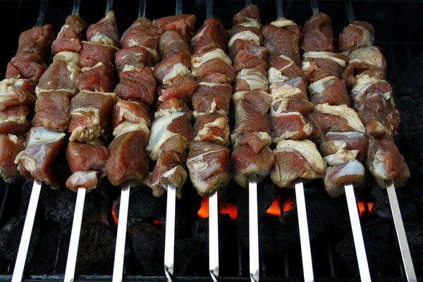 Marinado, carne de cordero cruda a la parrilla en pincho de metal — Foto de Stock