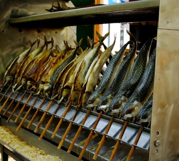 Grilled fish mackerel (Steckerlfisch) at the Munich — Stock Photo, Image