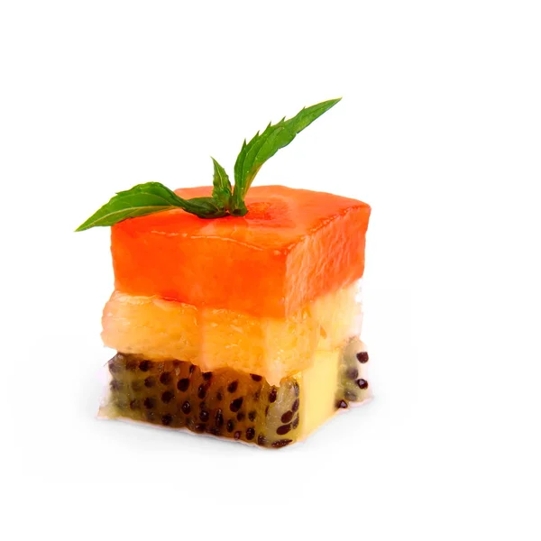 Dessert fruit cubes of strawberry, orange and kiwi — Stock Photo, Image