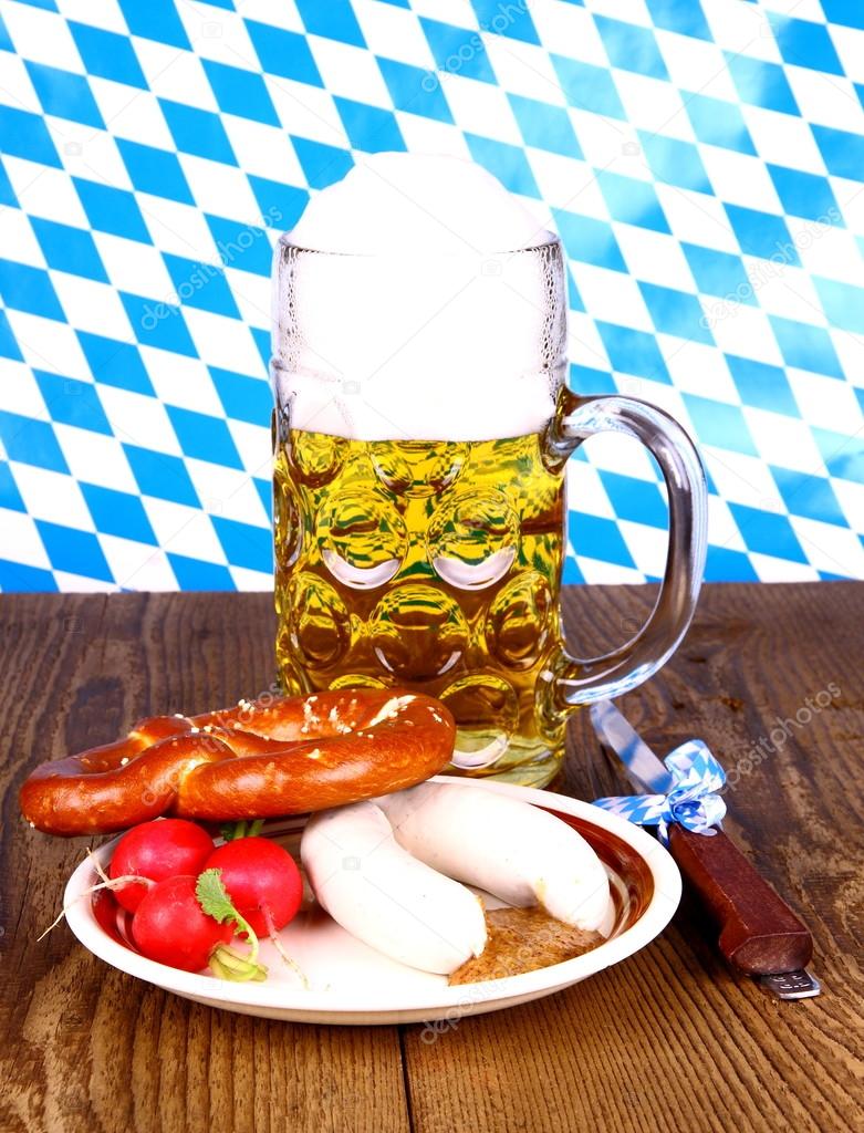 Beer, white sausage, pretzel and radish - Oktoberfest menu