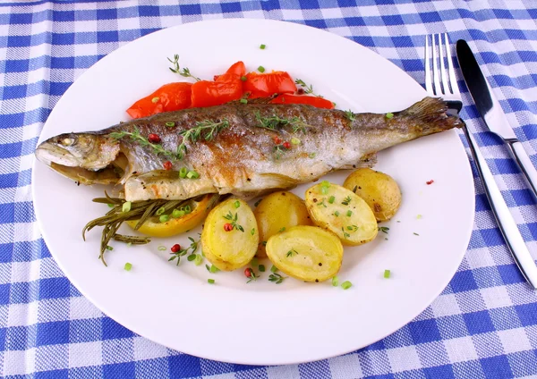 Grilled rainbow trout with red pepper, potato and rosemary — Stock Photo, Image