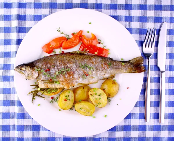 Grilled rainbow trout with red pepper, potato and lemon — Stock Photo, Image