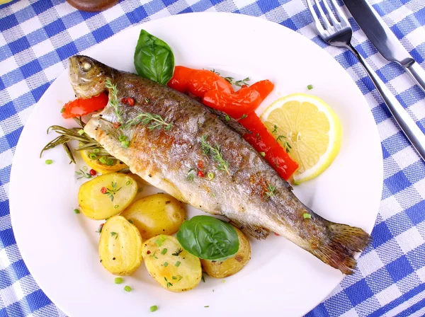 Truta grelhada com pimenta vermelha, alecrim e batata — Fotografia de Stock