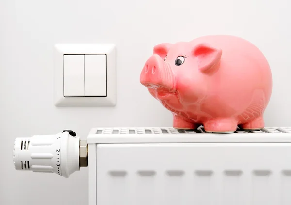 Pink piggy bank saving electricity and heating costs — Stock Photo, Image