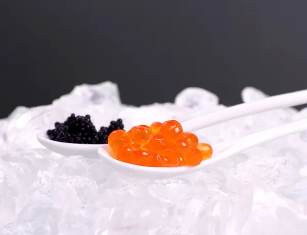 Cuchara de porcelana llena de caviar rojo y negro — Foto de Stock