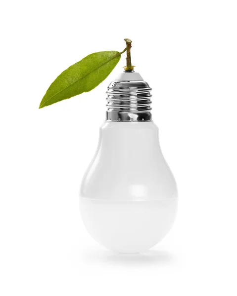 Modern LED lamp with green leaf, ECO energy concept — Stock Photo, Image