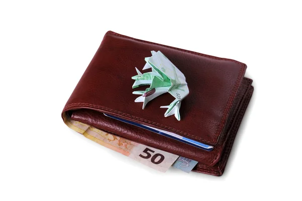 Portafoglio con banconote in euro e rospo da centinaia di euro — Foto Stock