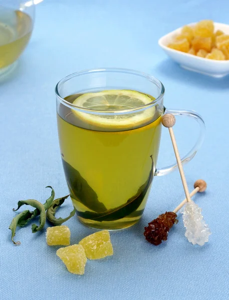 Green tea with sugared ginger and candy canes — Stock Photo, Image
